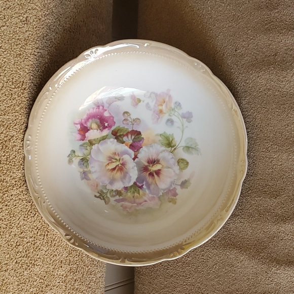 German Other - Hand painted German bowl floral embossed Pansies pink green